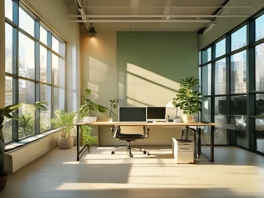 Georganiseerde werkplek met ergonomische stoel en monitoren